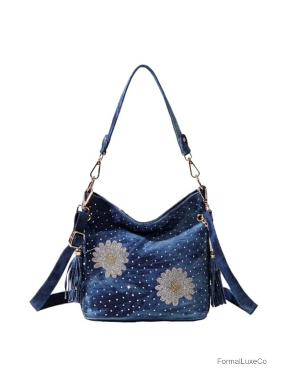 Women's Denim Shoulder Bag with Rhinestones Floral Embroidery Crossbody Purse